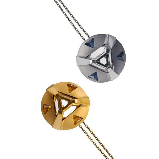 ARK Crystal & Gem Pendant - Entangled Pair (Gold Gem with Gold Chain & Blue Gem)