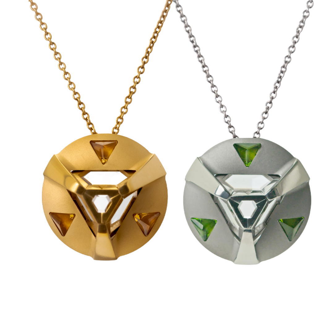 ARK Crystal & Gem Pendant - Entangled Pair (Gold Gem with Gold Chain & Green Gem)