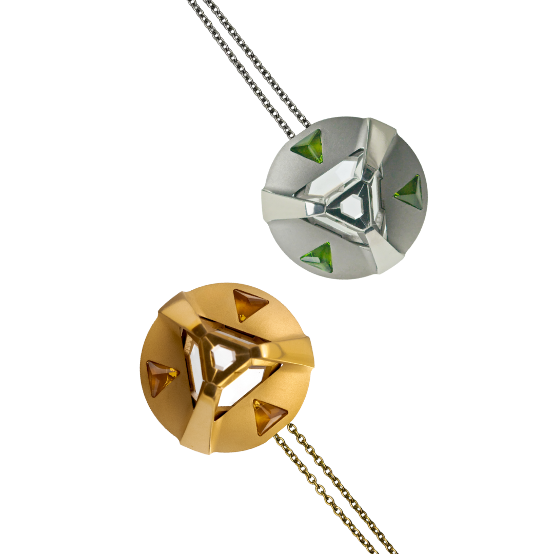 ARK Crystal & Gem Pendant - Entangled Pair (Gold Gem with Gold Chain & Green Gem)