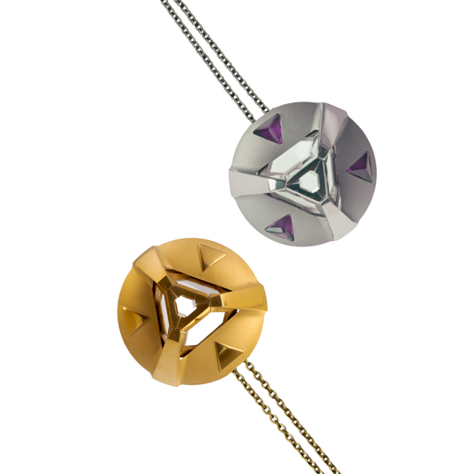 ARK Crystal & Gem Pendant - Entangled Pair (Gold Gem with Gold Chain & Purple Gem)